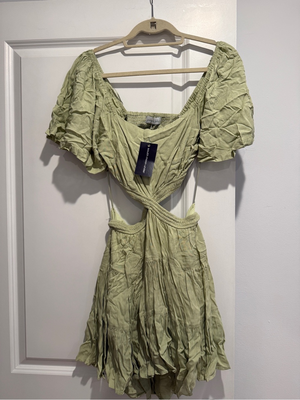 Sage Green Puff-Sleeve Cutout Mini Dress